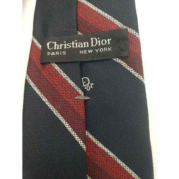 Vintage Christian Dior Necktie, Black Red Gray Diagonal Stripe, Lt Gray Logo - Picture 4 of 4